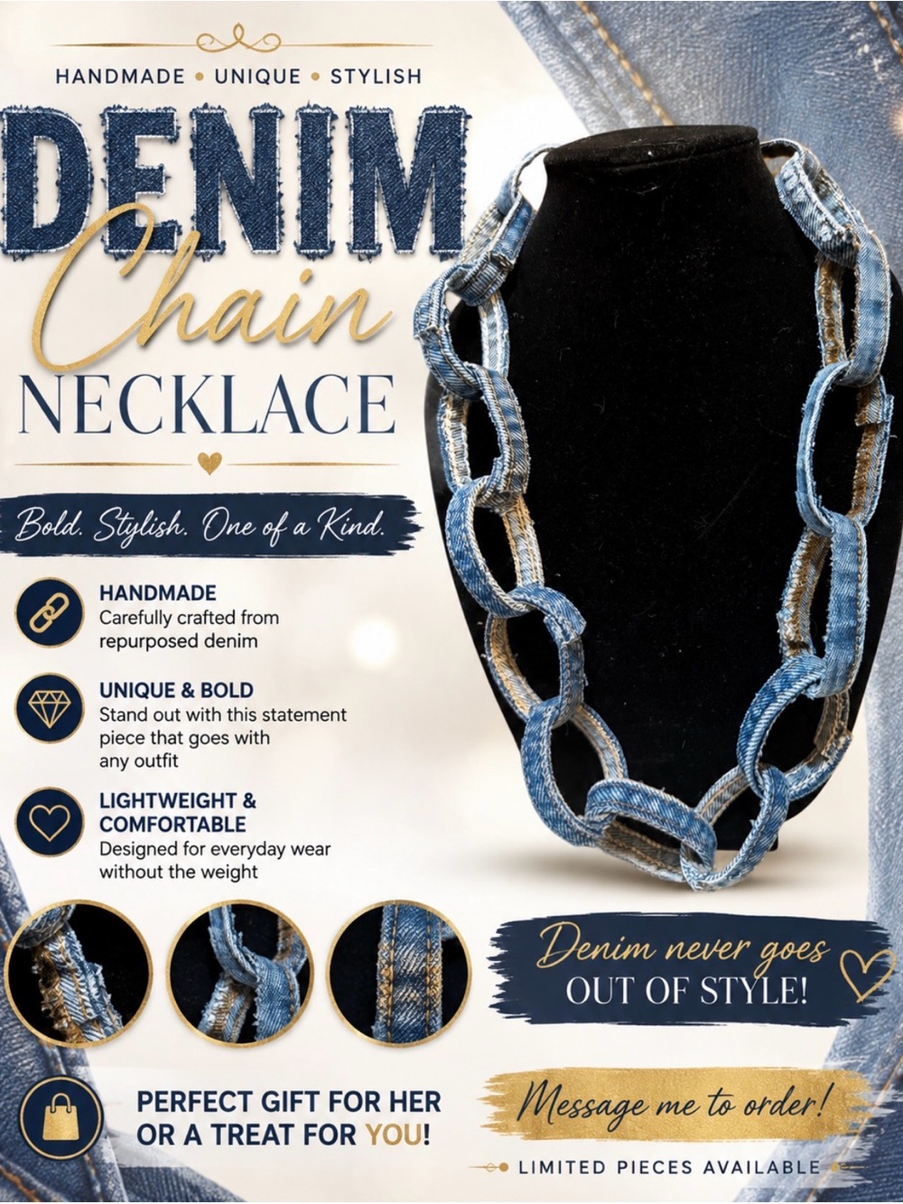 Denim Chain Necklace - Handmade Blue Denim Statement Jewelry